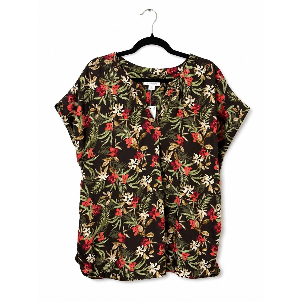 Liz Claiborne Floral V-Neck Blouse Black Brown Red Vacation Resort 3X NWT